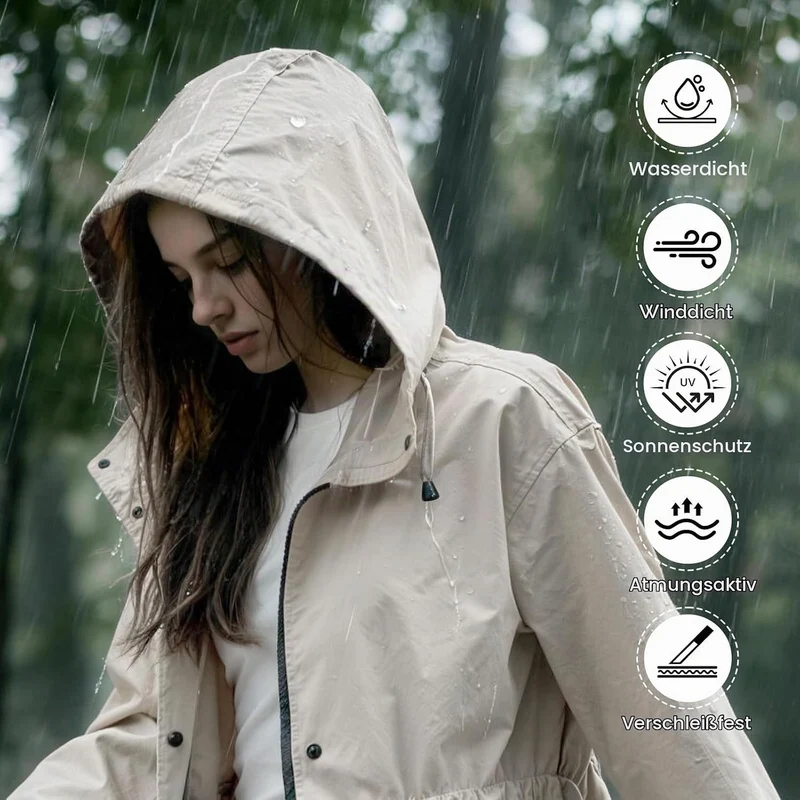 LAMA Stilvoller langer Regenmantel Unisex Regenponcho mit Wasserdichte Pattentasche Kapuze Tunnelzug
