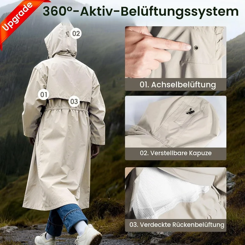 LAMA Stilvoller langer Regenmantel Unisex Regenponcho mit Wasserdichte Pattentasche Kapuze Tunnelzug