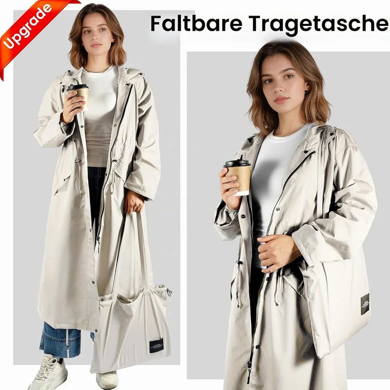 LAMA Stilvoller langer Regenmantel Unisex Regenponcho mit Wasserdichte Pattentasche Kapuze Tunnelzug