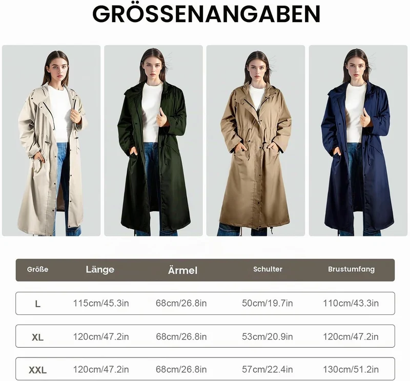 LAMA Stilvoller langer Regenmantel Unisex Regenponcho mit Wasserdichte Pattentasche Kapuze Tunnelzug