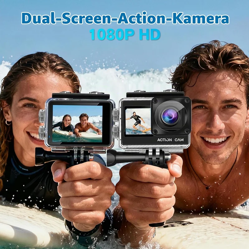 Action Cam FHD 1080P Dual-Screen Unterwasserkamera | wasserdicht bis 40M, Actionkamera mit 2×1050-mA