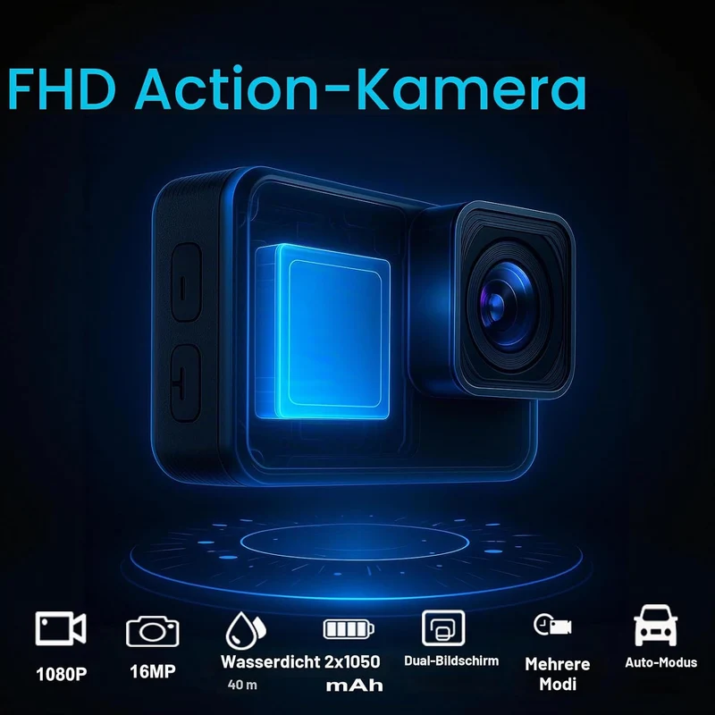 Action Cam FHD 1080P Dual-Screen Unterwasserkamera | wasserdicht bis 40M, Actionkamera mit 2×1050-mA