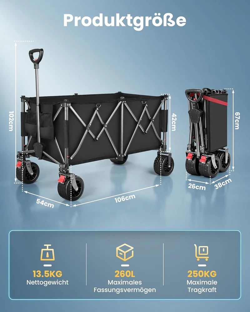 YEAUPE PRO Faltbarer Bollerwagen 260L 250KG, 17x10 cm All-Terrain-Räder | Bollerwagen Faltbar mit Br