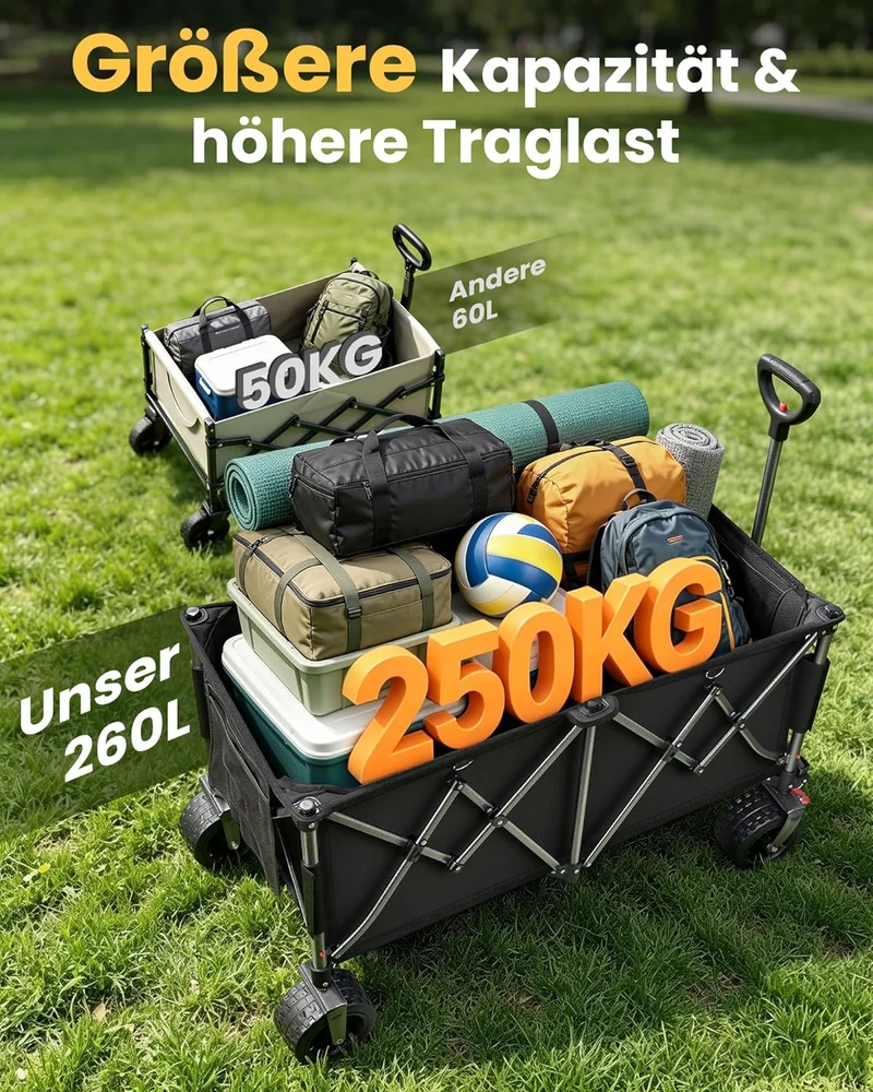 YEAUPE PRO Faltbarer Bollerwagen 260L 250KG, 17x10 cm All-Terrain-Räder | Bollerwagen Faltbar mit Br
