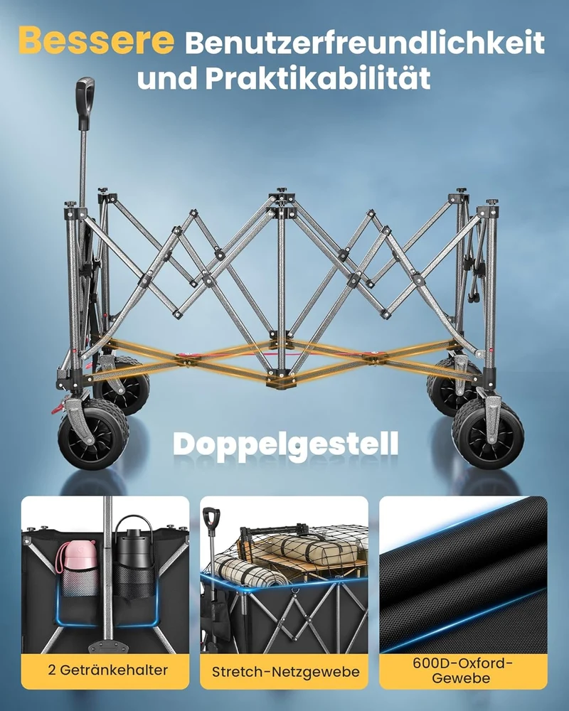 YEAUPE PRO Faltbarer Bollerwagen 260L 250KG, 17x10 cm All-Terrain-Räder | Bollerwagen Faltbar mit Br