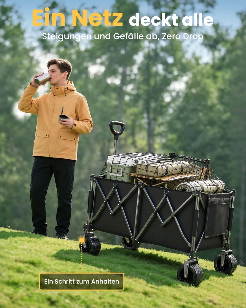 YEAUPE PRO Faltbarer Bollerwagen 260L 250KG, 17x10 cm All-Terrain-Räder | Bollerwagen Faltbar mit Br