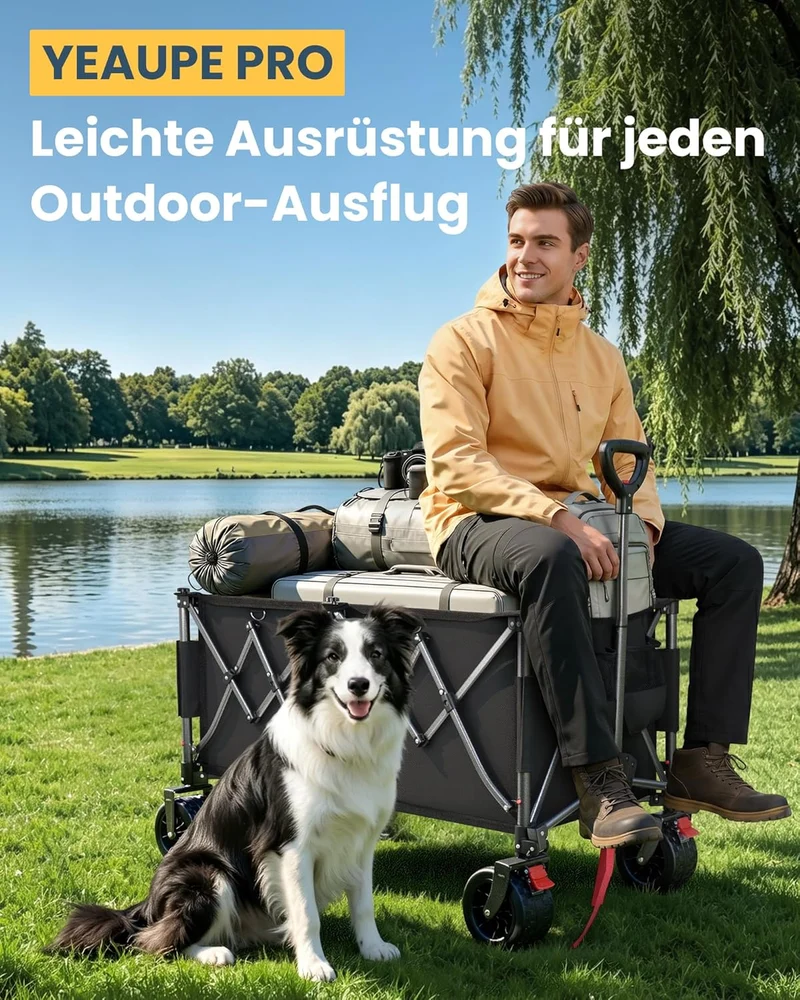 YEAUPE PRO Faltbarer Bollerwagen 260L 250KG, 17x10 cm All-Terrain-Räder | Bollerwagen Faltbar mit Br