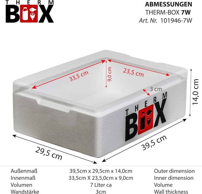 THERM BOX 7W Styroporbox 7 Liter Innen 33,5x23,5x9cm Wandstärke 3cm | Thermobox, Isolierbox, Kühlbox