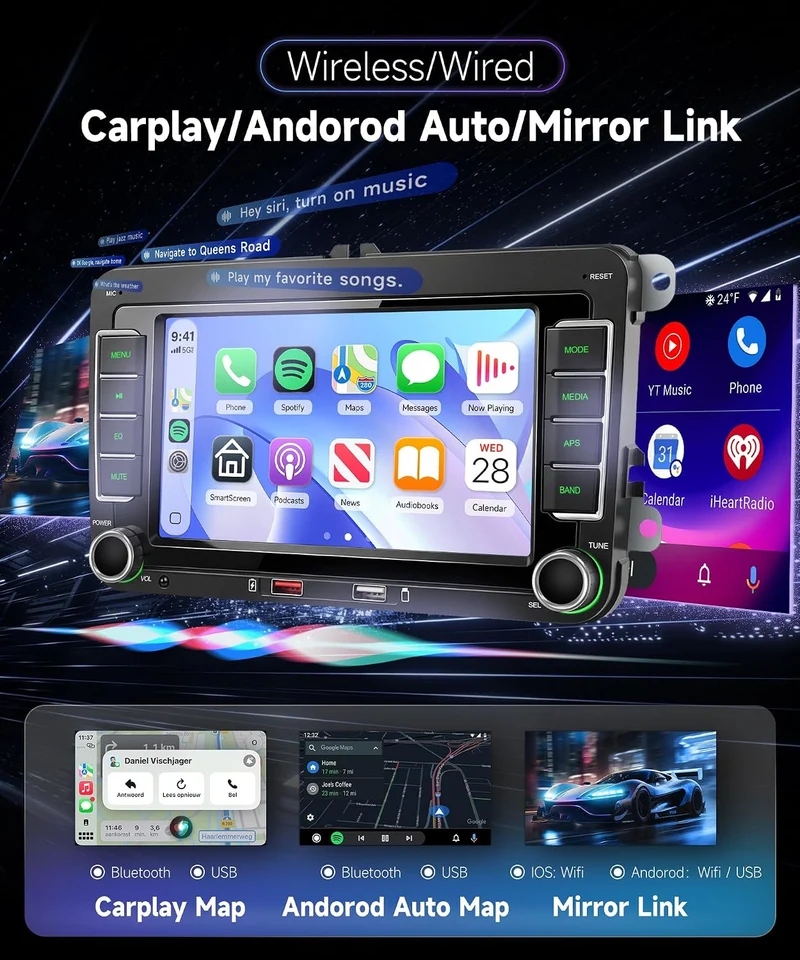Hodozzy Autoradio für VW Passat Golf Seat Altea Skoda Octavia mit Wireless Carplay Android Auto,7 Zo