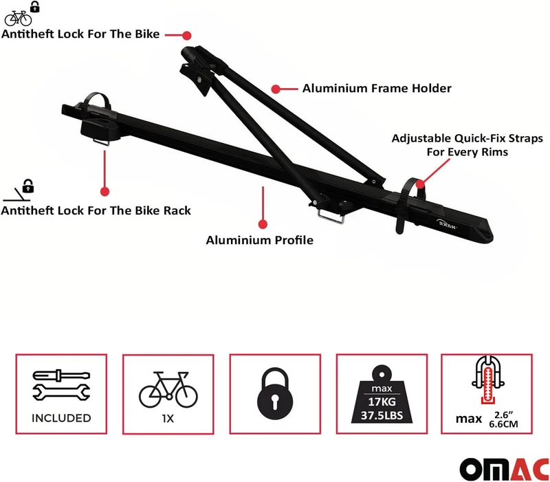 OMAC Dachfahrradträger bis 17 kg Aluminium Schwarz 2tlg Set