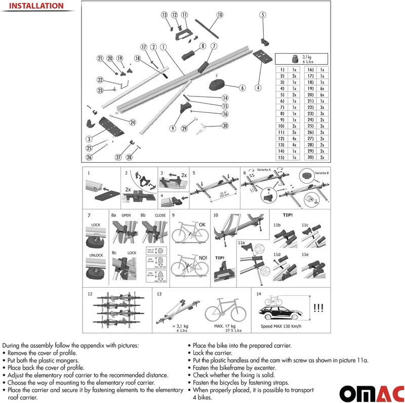 OMAC Dachfahrradträger bis 17 kg Aluminium Schwarz 2tlg Set