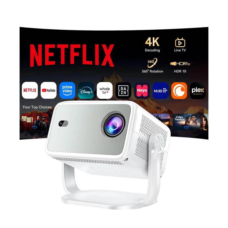 Beamer 4k 【Kompatibel mit Netflix/360° Drehbar】,Smart Beamer mit Autofokus/6D Trapezkorrektur,1080P