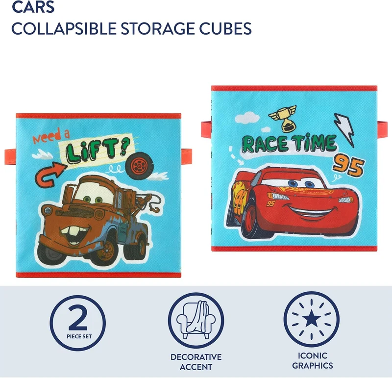 Idea Nuova Disney Cars Aufbewahrungswürfel, Set mit 2 robusten Stoffbehältern mit Griffen, 25,4 x 25