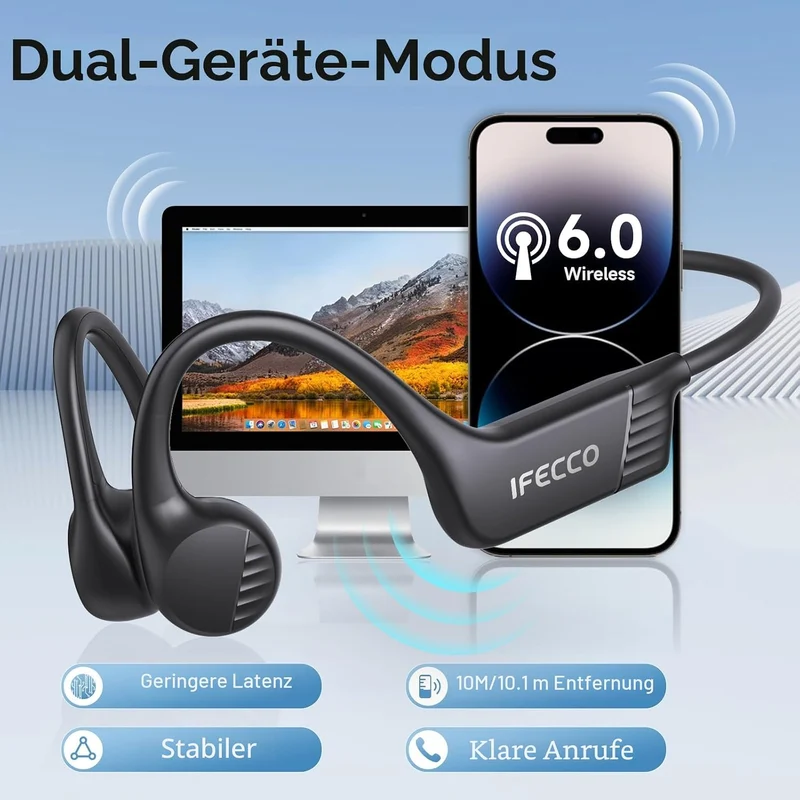 IFECCO Knochenschall Kopfhörer Bluetooth 6.0 für Fitness Radfahren | IP67 Wasserdichte Open Ear Kopf