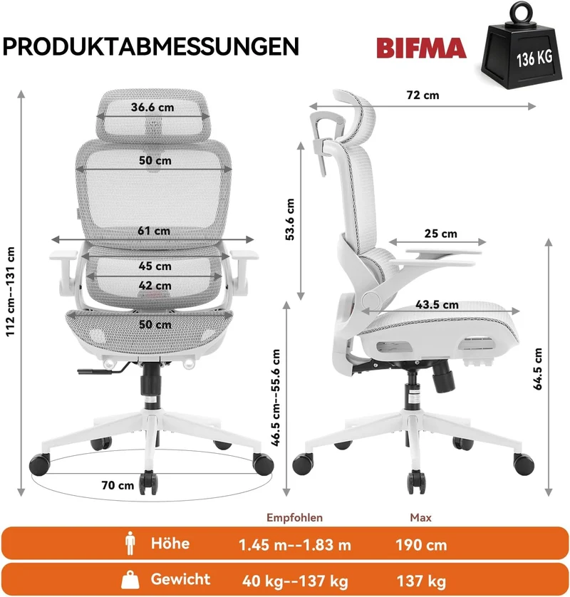 SIHOO Bürostuhl Ergonomisch,Verstellbarer Lordosenstütze Schreibtischstuhl Cremeweiss, Cremeweiss