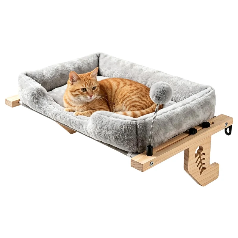 Katzen Fensterbett Ruheplatz Mit Plüschkissen Und Ball | Indoor Katzenbett für die Wohnung Für Zuhau