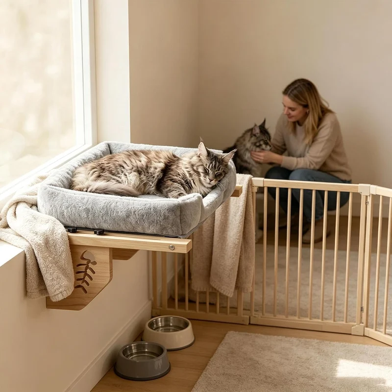 Katzen Fensterbett Ruheplatz Mit Plüschkissen Und Ball | Indoor Katzenbett für die Wohnung Für Zuhau