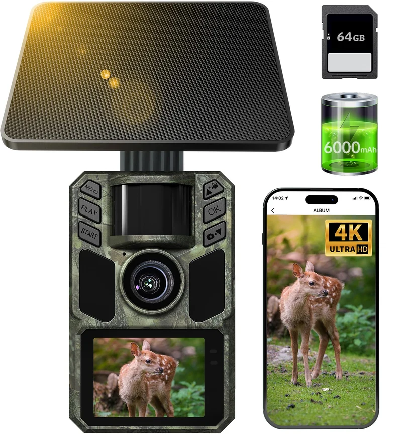 Wildkamera mit Handyübertragung App,Wildtierkamera 4K 64MP WLAN Solar mit Lithium-Batterie, Bewegung