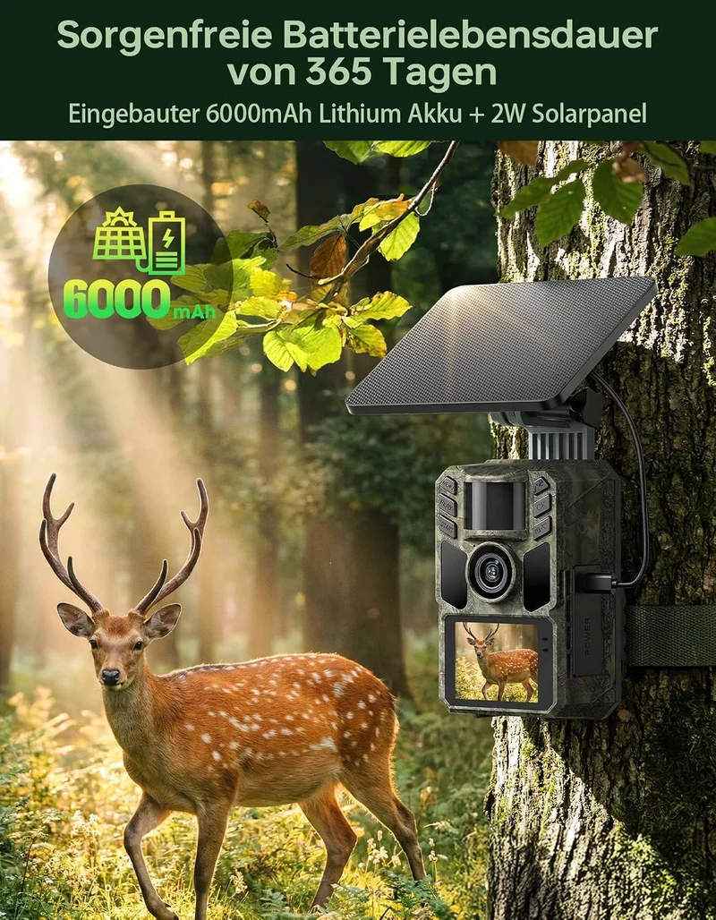 Wildkamera mit Handyübertragung App,Wildtierkamera 4K 64MP WLAN Solar mit Lithium-Batterie, Bewegung