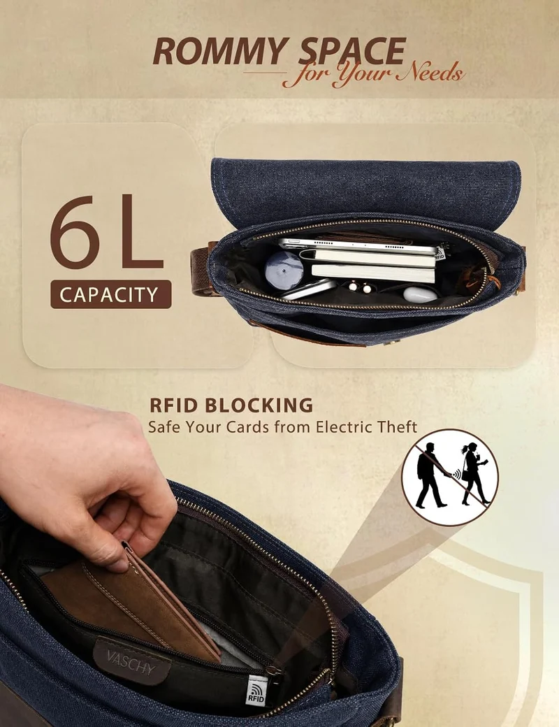 VASCHY Klein Umhängetasche Herren mit RFID-Schutz,Vintage Messenger Bag Herrentasche Schultertasche