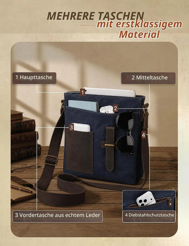 VASCHY Klein Umhängetasche Herren mit RFID-Schutz,Vintage Messenger Bag Herrentasche Schultertasche