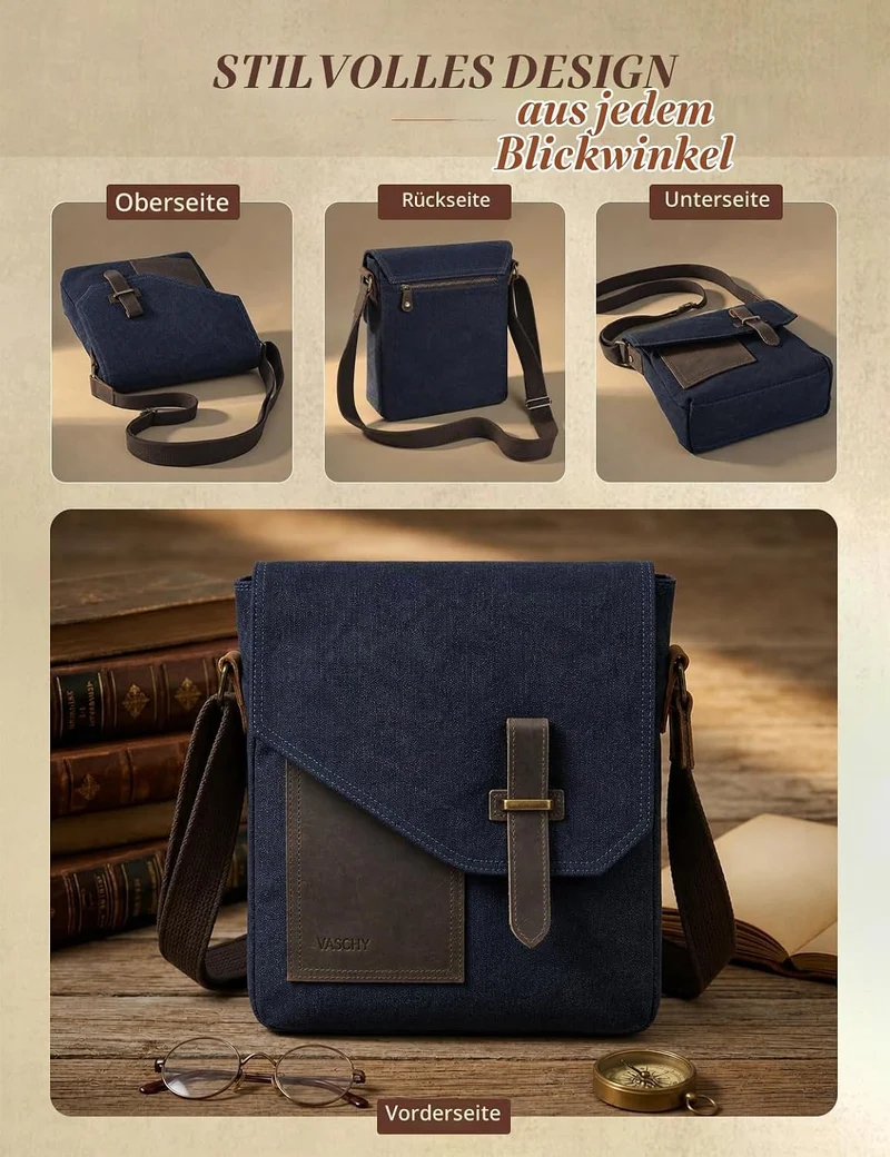 VASCHY Klein Umhängetasche Herren mit RFID-Schutz,Vintage Messenger Bag Herrentasche Schultertasche