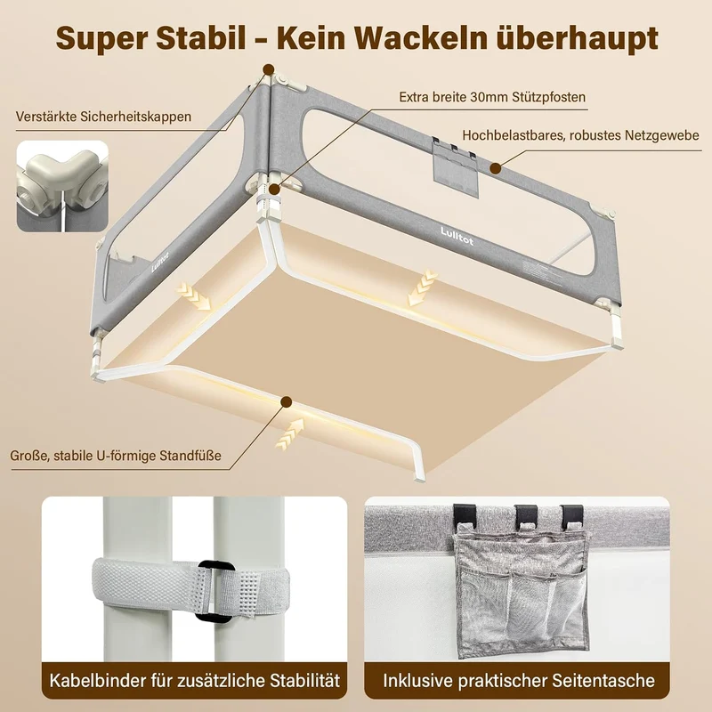Bettgitter Rausfallschutz 3-seitig 180x200cm mit Spaltfüllstäbe | U-förmige Stabilstangen, Höhenvers