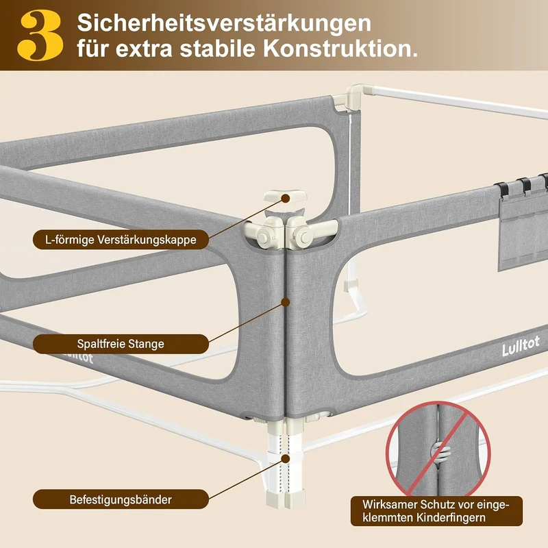 Bettgitter Rausfallschutz 3-seitig 180x200cm mit Spaltfüllstäbe | U-förmige Stabilstangen, Höhenvers