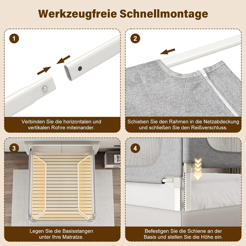 Bettgitter Rausfallschutz 3-seitig 180x200cm mit Spaltfüllstäbe | U-förmige Stabilstangen, Höhenvers