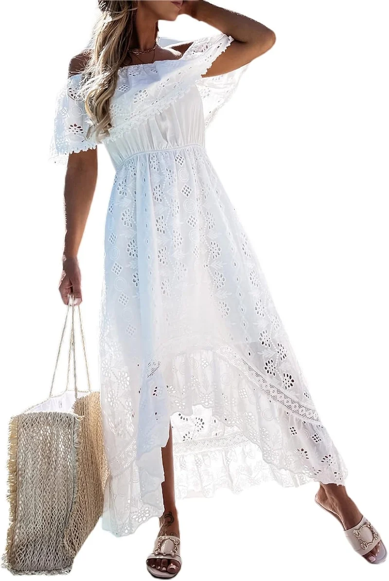 Damen-Maxikleid mit V-Ausschnitt, ärmellos, gestrickt, Spitze, Cutout, Schlinge, Rüschen, offener Rü