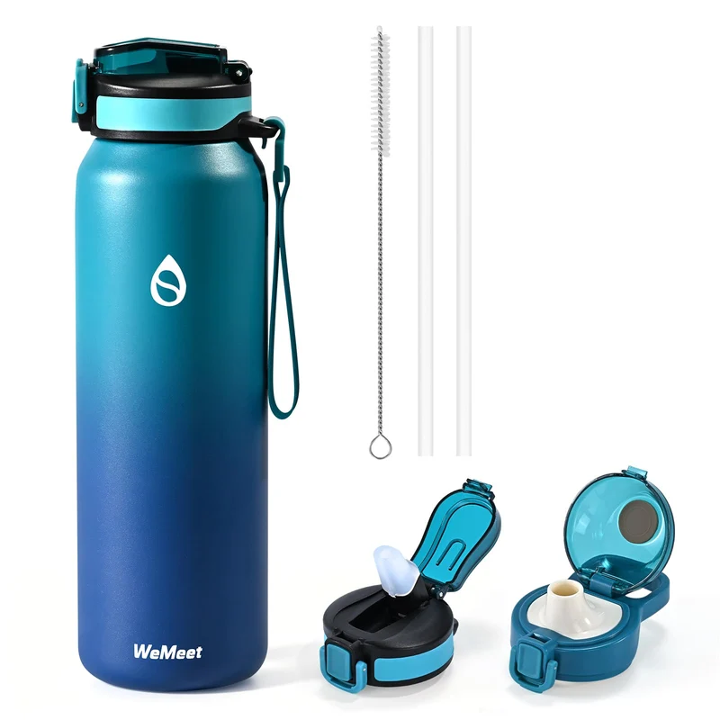 WEMEET 1000ml Thermosflasche Edelstahl, Auslaufsicher Isolierte flasche mit Strohhalm & 2 Deckel, id