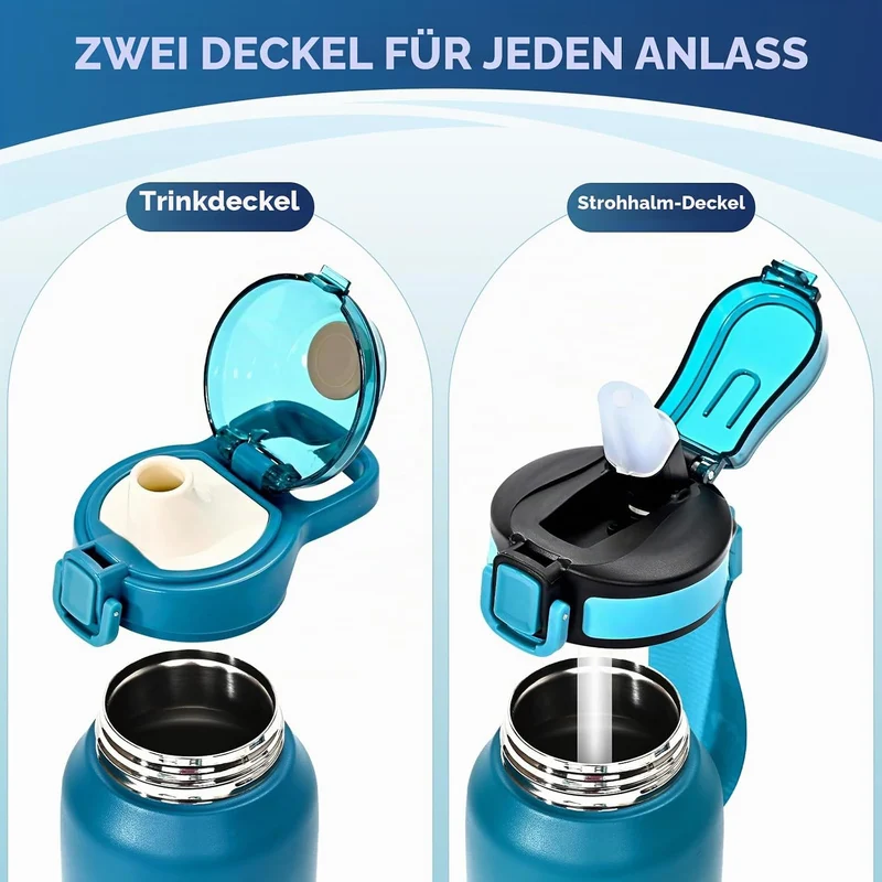 WEMEET 1000ml Thermosflasche Edelstahl, Auslaufsicher Isolierte flasche mit Strohhalm & 2 Deckel, id