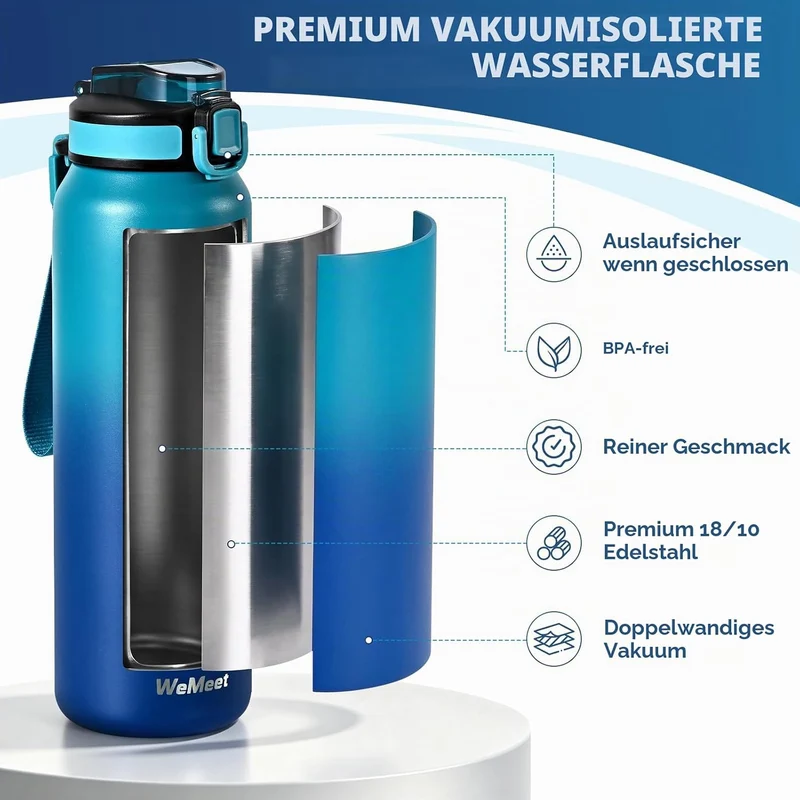 WEMEET 1000ml Thermosflasche Edelstahl, Auslaufsicher Isolierte flasche mit Strohhalm & 2 Deckel, id