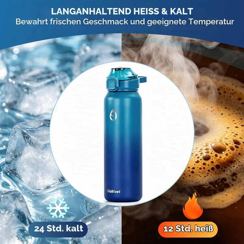 WEMEET 1000ml Thermosflasche Edelstahl, Auslaufsicher Isolierte flasche mit Strohhalm & 2 Deckel, id