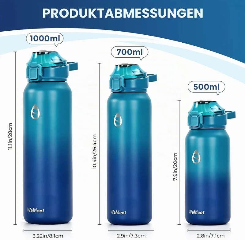 WEMEET 1000ml Thermosflasche Edelstahl, Auslaufsicher Isolierte flasche mit Strohhalm & 2 Deckel, id