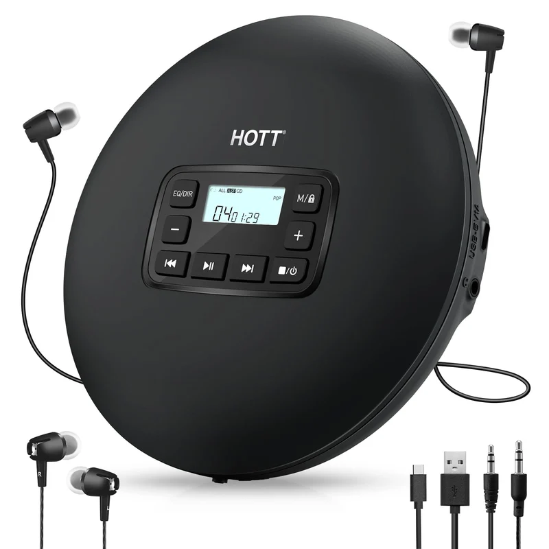 HOTT Tragbarer CD Player mit Tastensperre, dualer USB-C & Batteriestromversorgung sowie ASP-Anti-Sho
