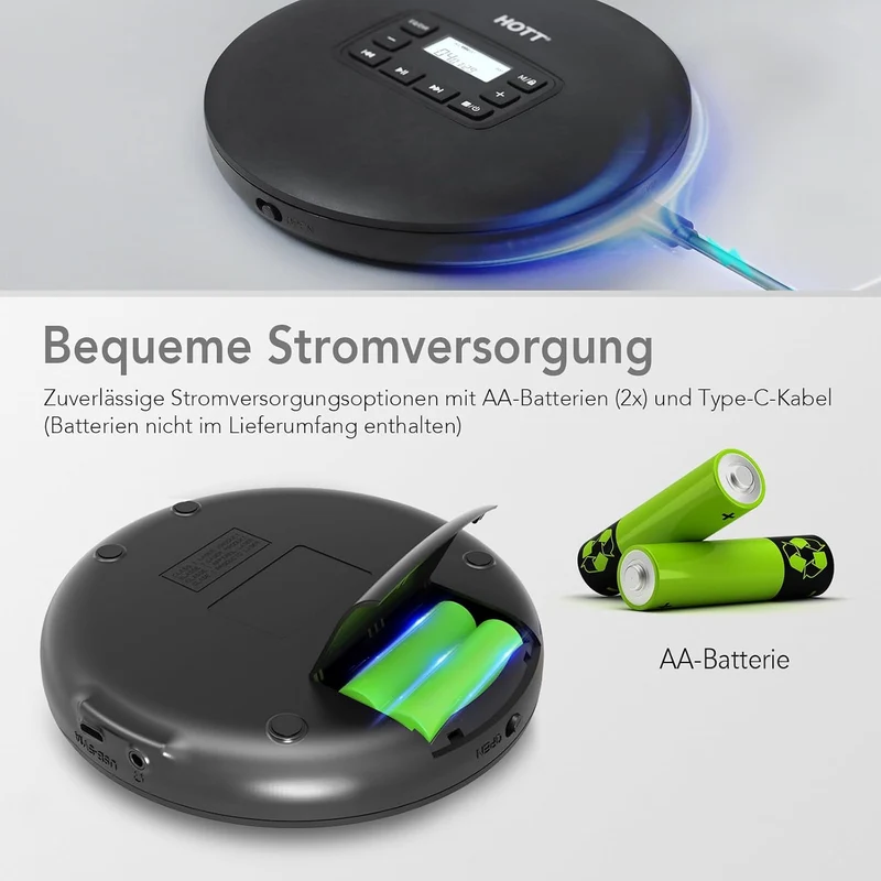 HOTT Tragbarer CD Player mit Tastensperre, dualer USB-C & Batteriestromversorgung sowie ASP-Anti-Sho