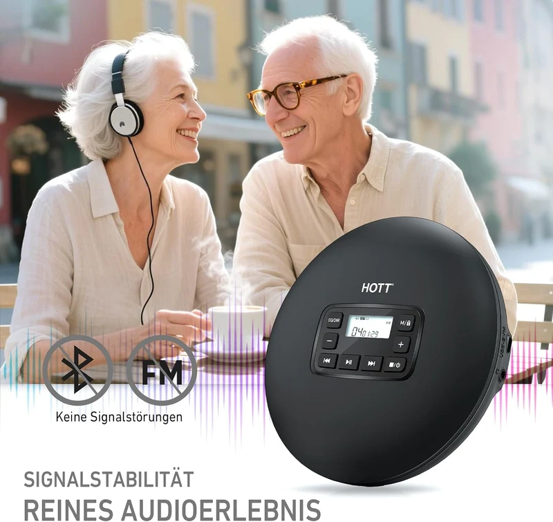 HOTT Tragbarer CD Player mit Tastensperre, dualer USB-C & Batteriestromversorgung sowie ASP-Anti-Sho