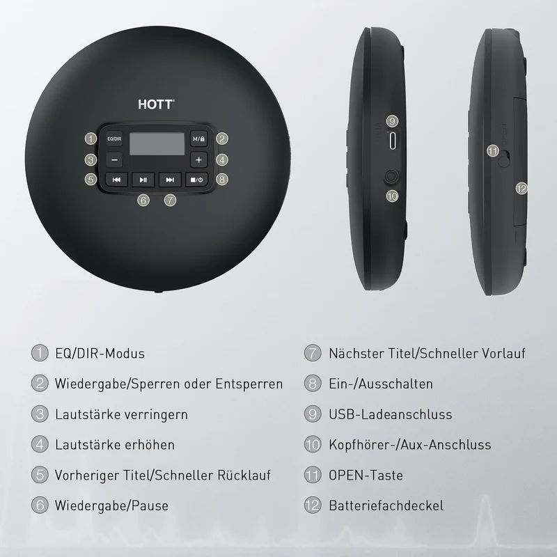 HOTT Tragbarer CD Player mit Tastensperre, dualer USB-C & Batteriestromversorgung sowie ASP-Anti-Sho
