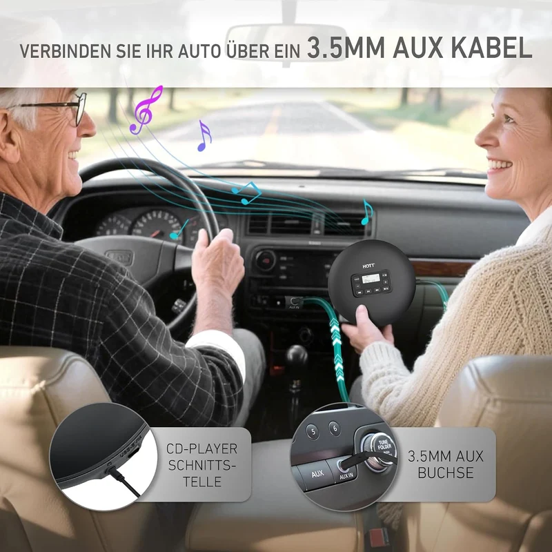 HOTT Tragbarer CD Player mit Tastensperre, dualer USB-C & Batteriestromversorgung sowie ASP-Anti-Sho