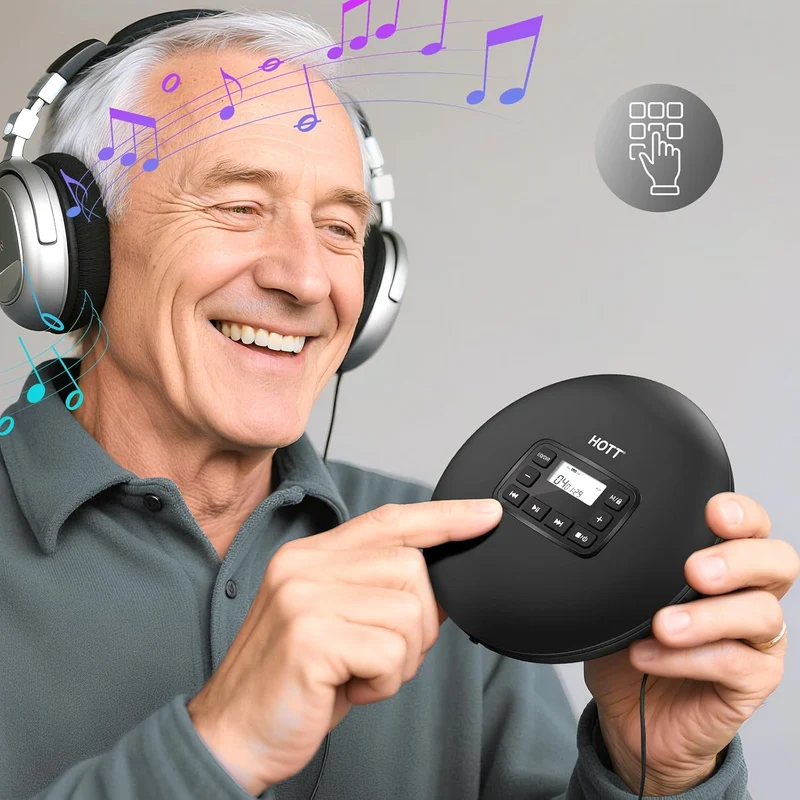HOTT Tragbarer CD Player mit Tastensperre, dualer USB-C & Batteriestromversorgung sowie ASP-Anti-Sho