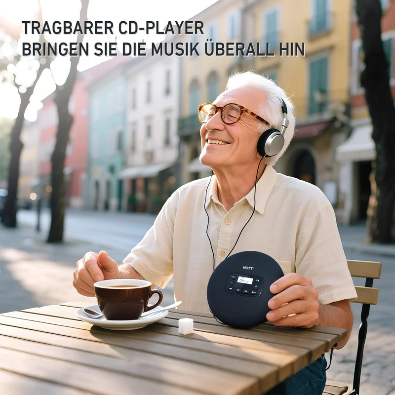 HOTT Tragbarer CD Player mit Tastensperre, dualer USB-C & Batteriestromversorgung sowie ASP-Anti-Sho