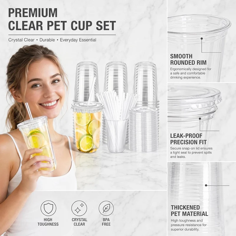 50PCS Plastikbecher mit Deckel und Strohhalm (16 Floz), Dessertbecher, Smoothie Becher, für Milchsha