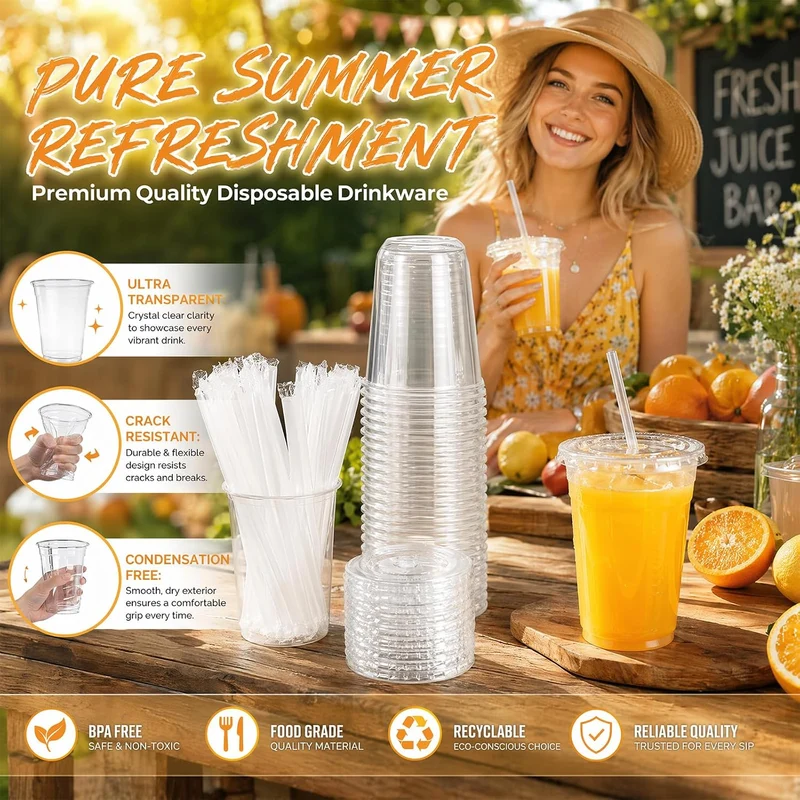 50PCS Plastikbecher mit Deckel und Strohhalm (16 Floz), Dessertbecher, Smoothie Becher, für Milchsha