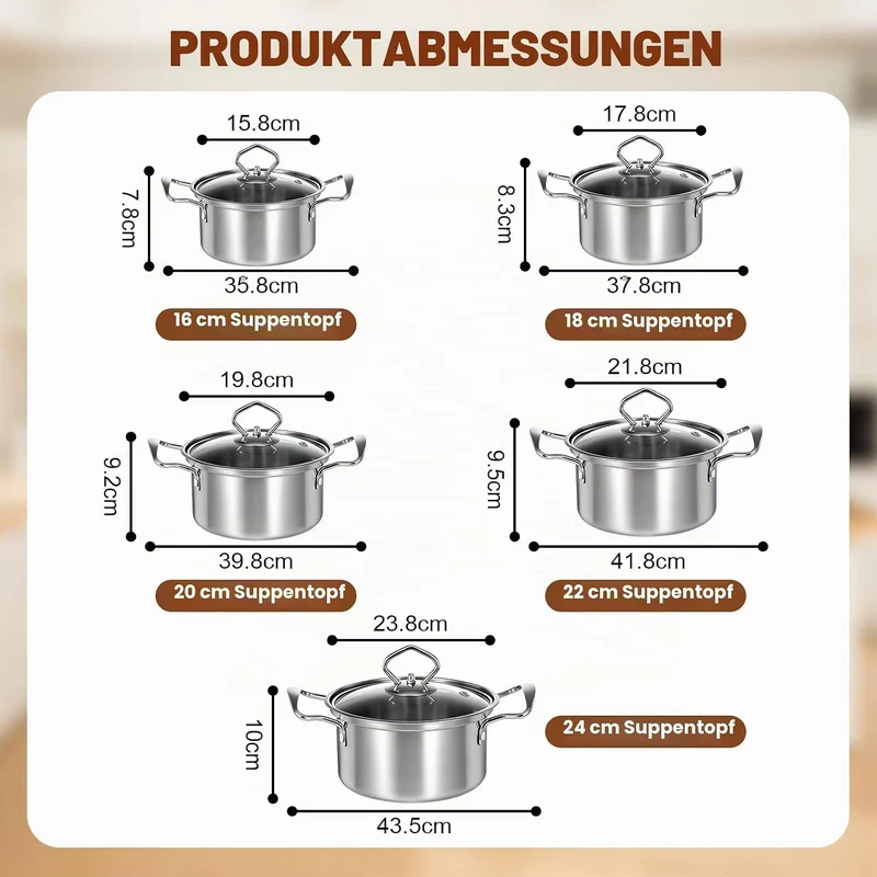 Topfset Induktion 10-Teilig, Topfset aus Edelstahl mit Glasdeckel | Induktions Töpfe set, für alle H
