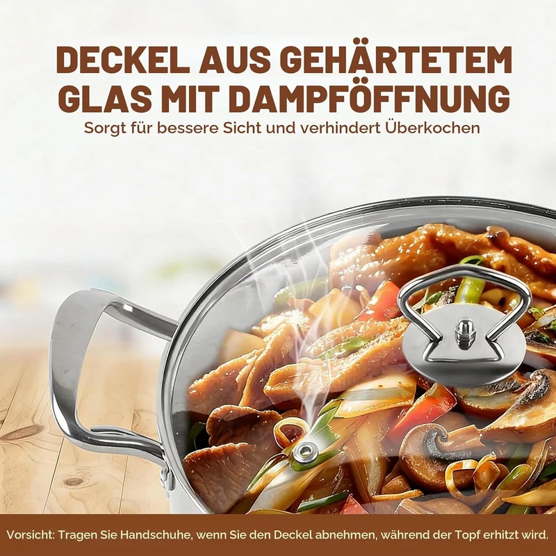 Topfset Induktion 10-Teilig, Topfset aus Edelstahl mit Glasdeckel | Induktions Töpfe set, für alle H