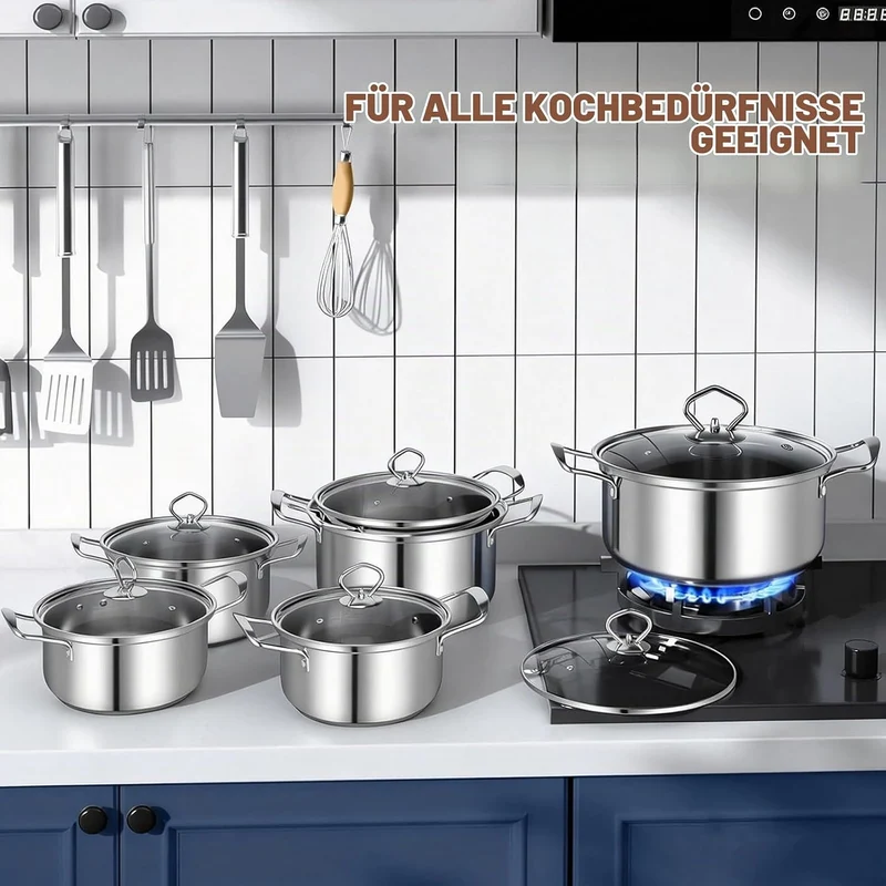 Topfset Induktion 10-Teilig, Topfset aus Edelstahl mit Glasdeckel | Induktions Töpfe set, für alle H