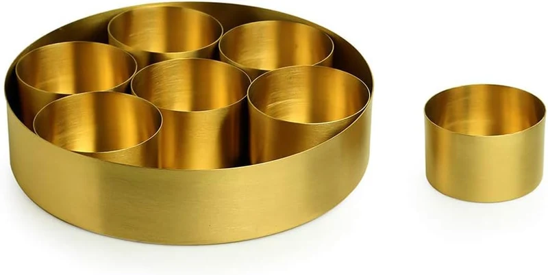 Grainex Indische Gewürzbox aus Messing, runder Masala-Kanister mit geprägtem Deckel, 7 Behälter und