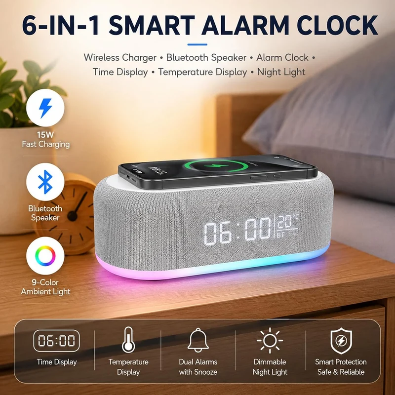 BYZESTY Radiowecker mit kabellosem Laden 15 W, Digitaler Radiowecker, Bluetooth, 6 in 1, mit Nachtli