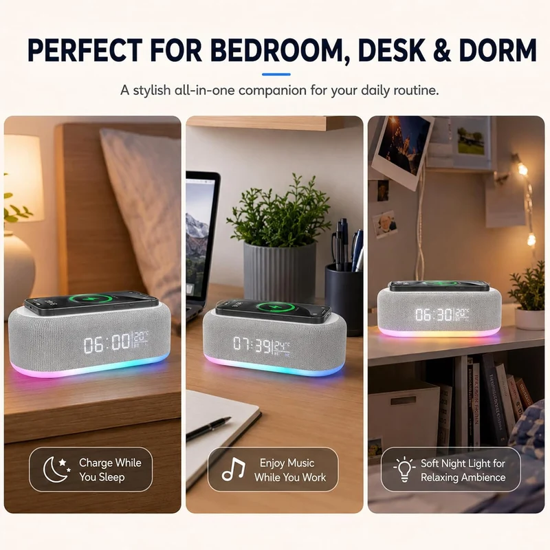 BYZESTY Radiowecker mit kabellosem Laden 15 W, Digitaler Radiowecker, Bluetooth, 6 in 1, mit Nachtli